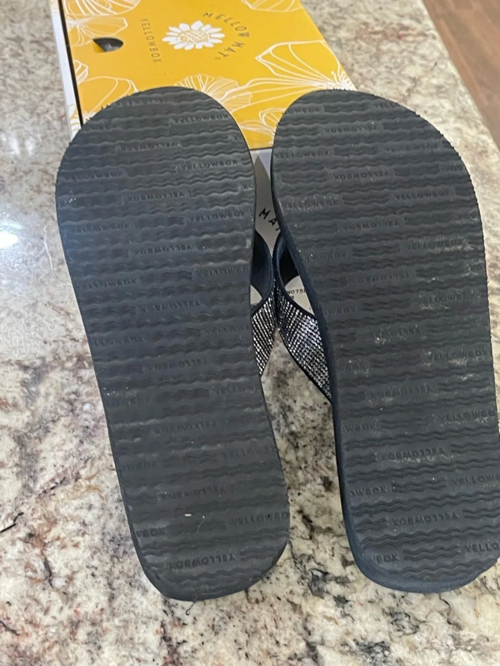 Yellow Box Black Sparkle Wedge Thong Sandals - Picture 3 of 3